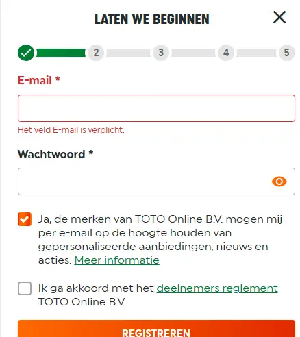 Snel formulier om een spelersaccount aan te maken